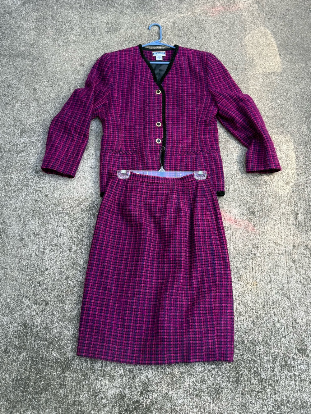 Vtg Pendleton Pink Purple Virgin Wool  Houndstooth Suit Jacket & Skirt Sz 10 & 8